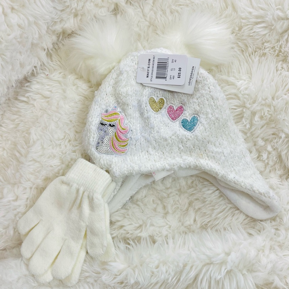 New Love 2 design kid’s unicorn hat & gloves set girl white Christmas 🎁 birthday